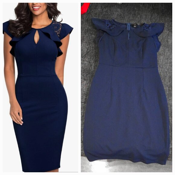 Knitee Women's Vintage Ruffle Trim Lace Sleeveless Bodycon Cocktail Dress - Picture 1 of 1
